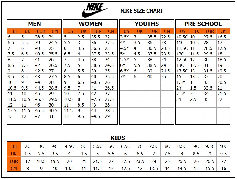 Nike men's and women's size chart